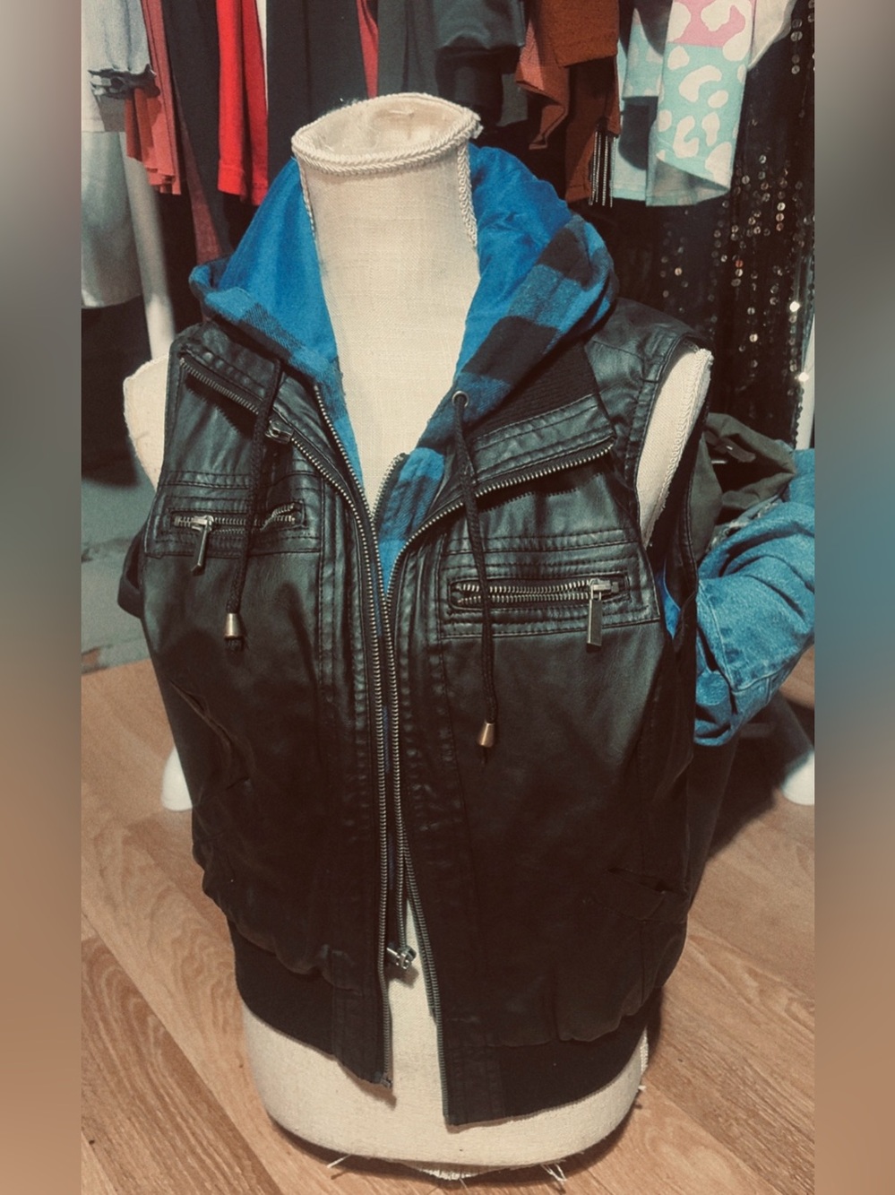 Black Faux Leather Hooded Vest with Blue Lined Hoodie - Women